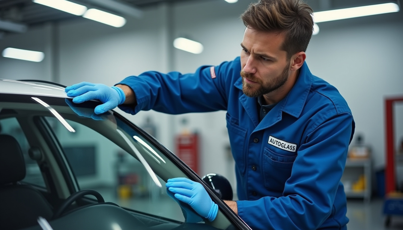 Technicien Autoglass en train d'installer un pare-brise dans un environnement professionnel