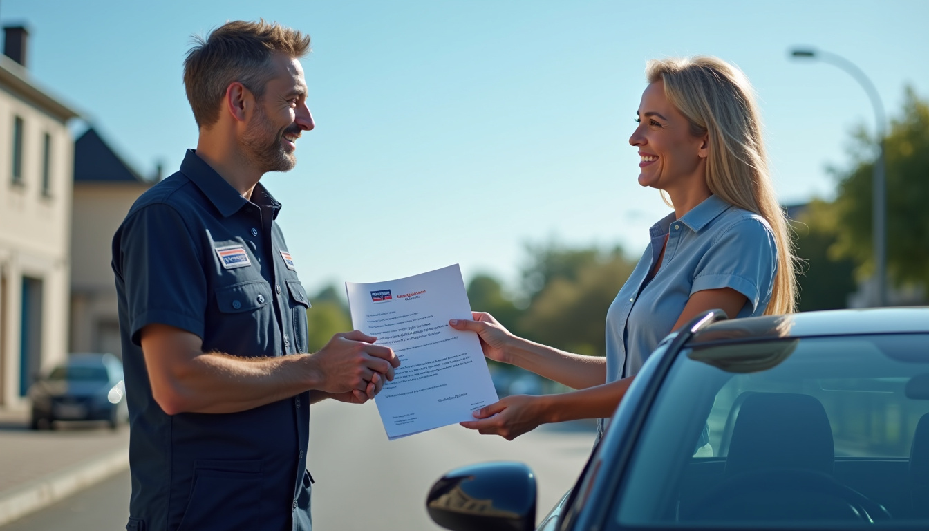 Technicien Autoglass France remettant un certificat de garantie à un client après l'intervention