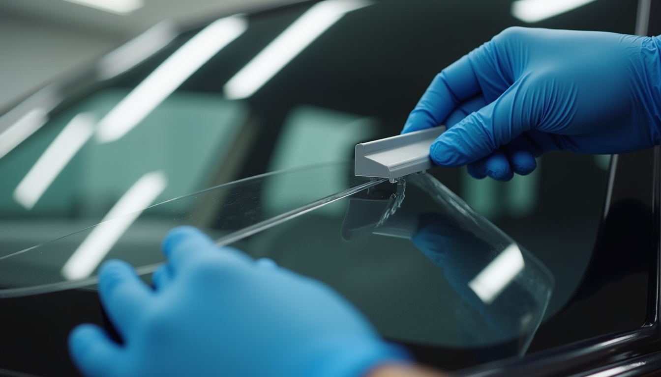 Technicien en train d’appliquer un film ABglass sur une vitre de voiture avec soin et précision