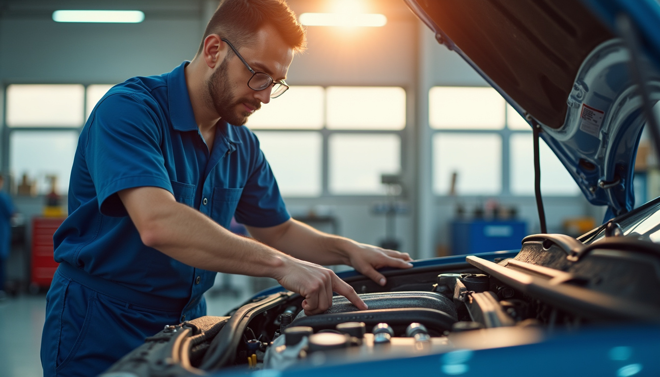 Technicien en train de réaliser une révision générale sur un moteur de voiture