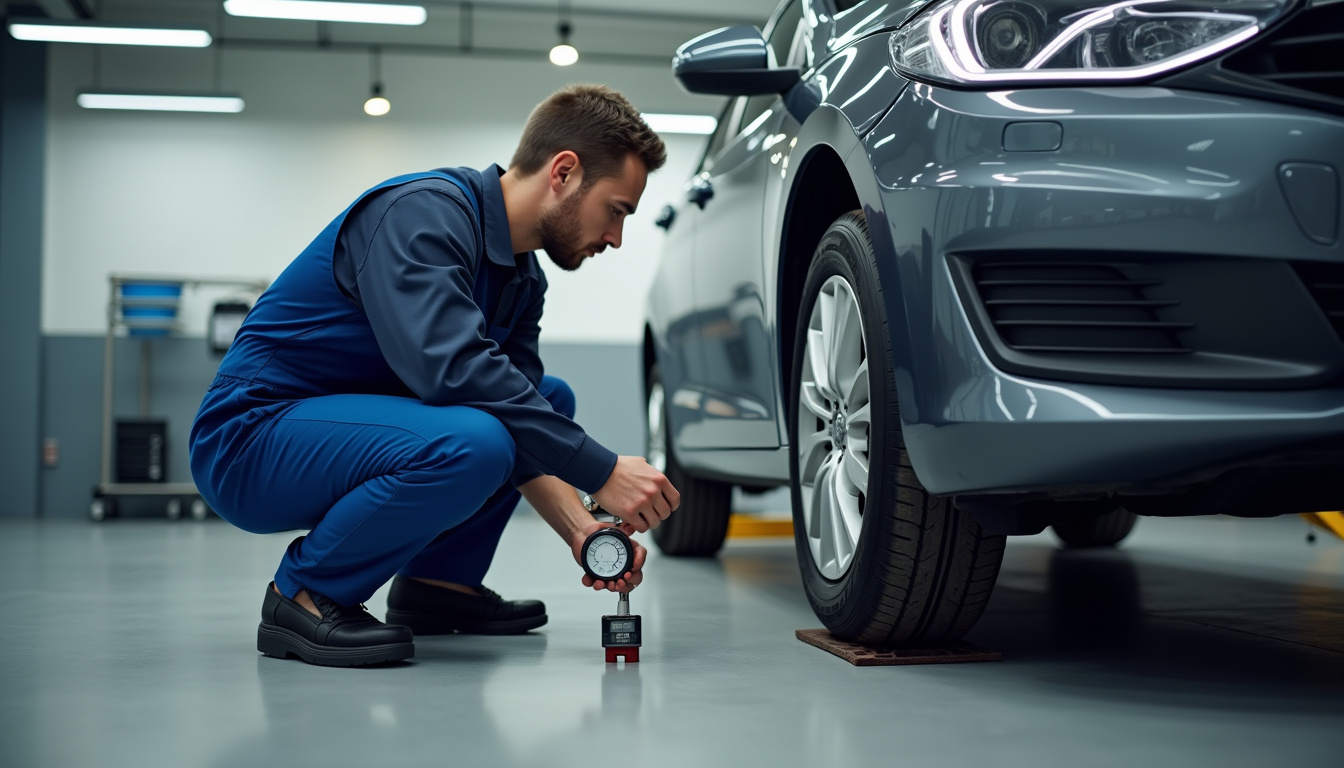 Technicien en train de vérifier la pression des pneus d'une voiture
