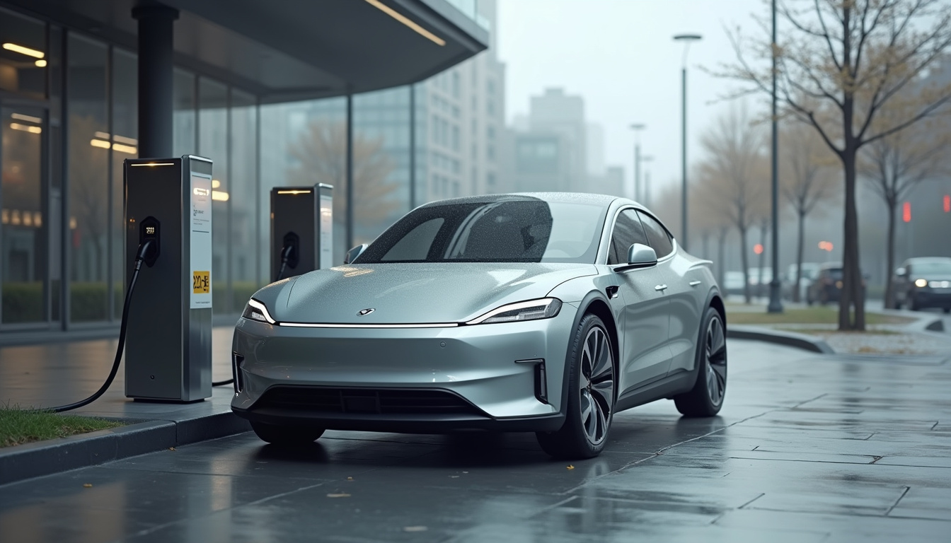 Voiture électrique en cours de recharge dans une station urbaine, modèle récent et propre