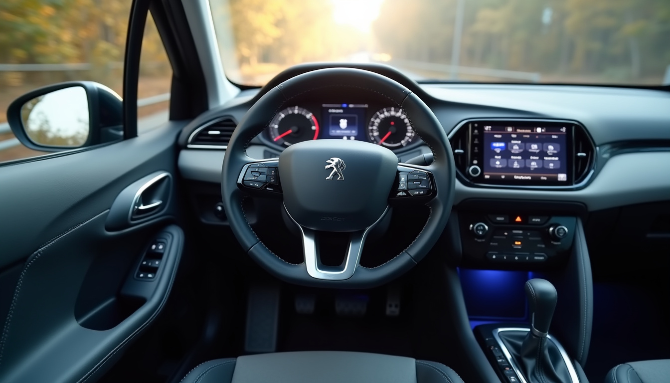 Vue intérieure du cockpit du Peugeot 2008 hybride avec volant compact et écran numérique