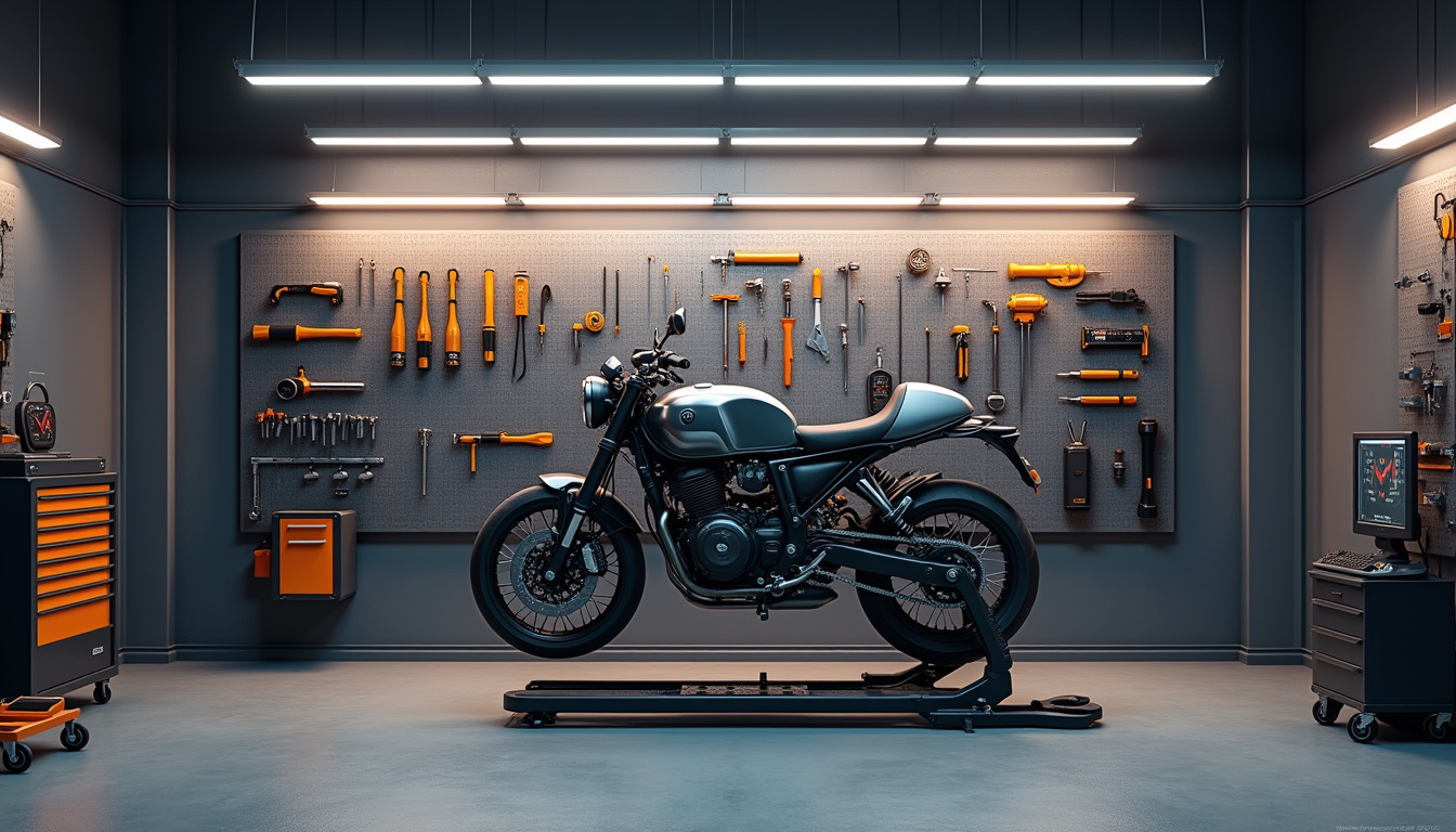 Atelier de garage moto équipé d'outils spécialisés pour deux-roues