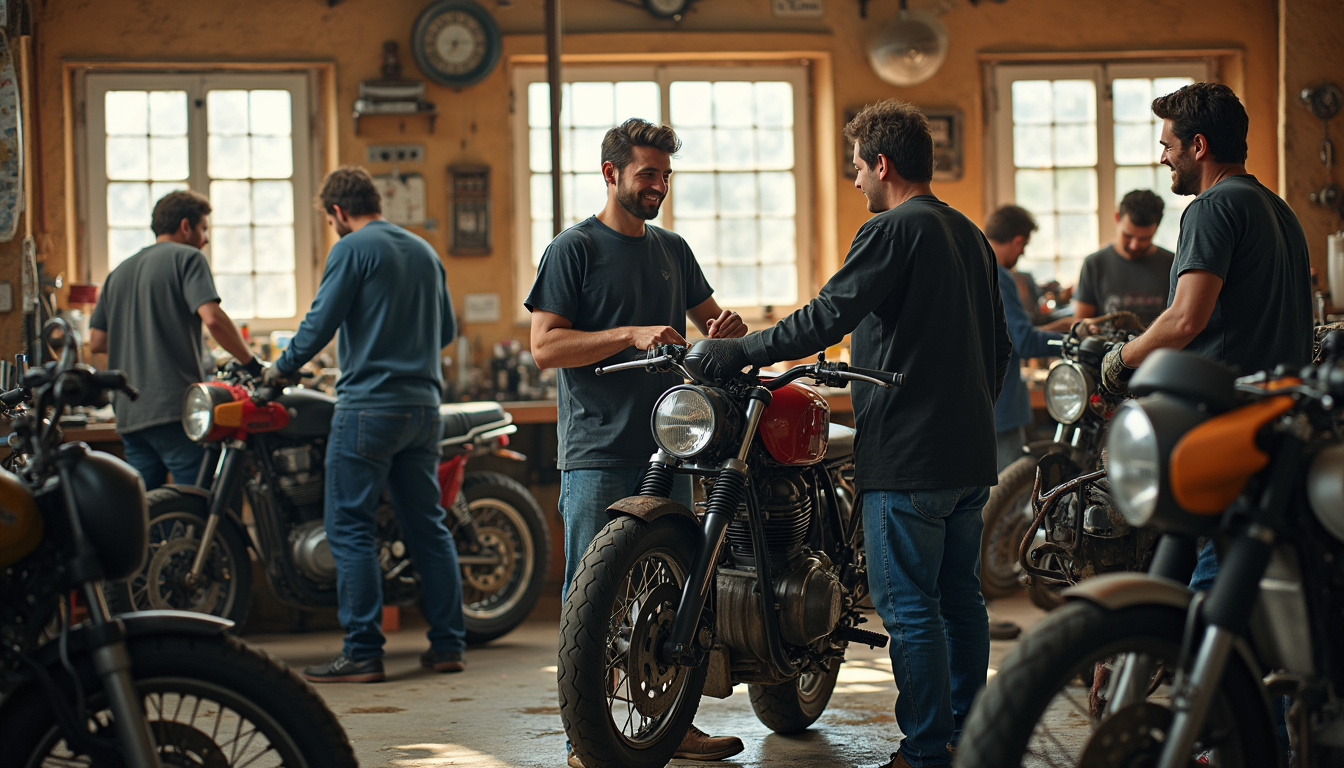 Atelier de garage participatif à Nice avec plusieurs motos en réparation