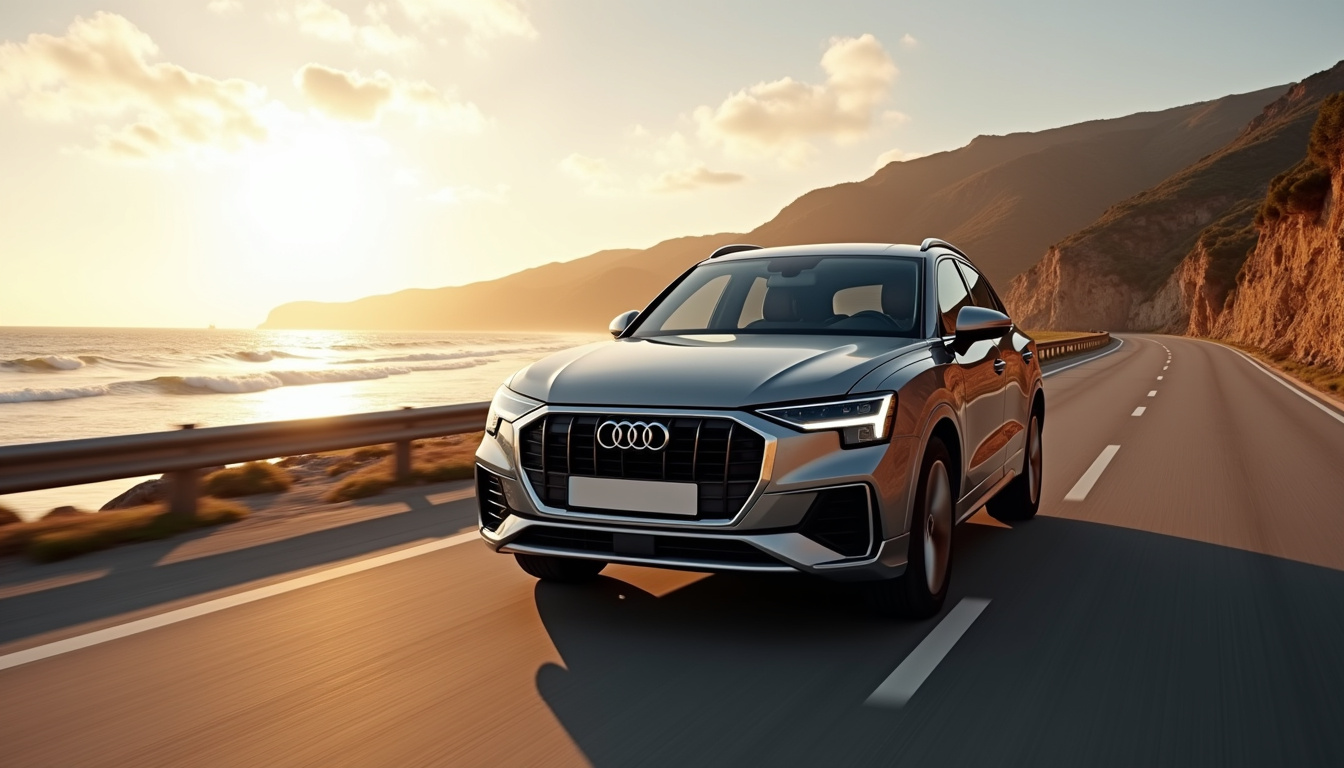 Audi Q3 en conduite sur une route côtière avec éclairage naturel mettant en valeur la calandre Singleframe et les phares Matrix LED