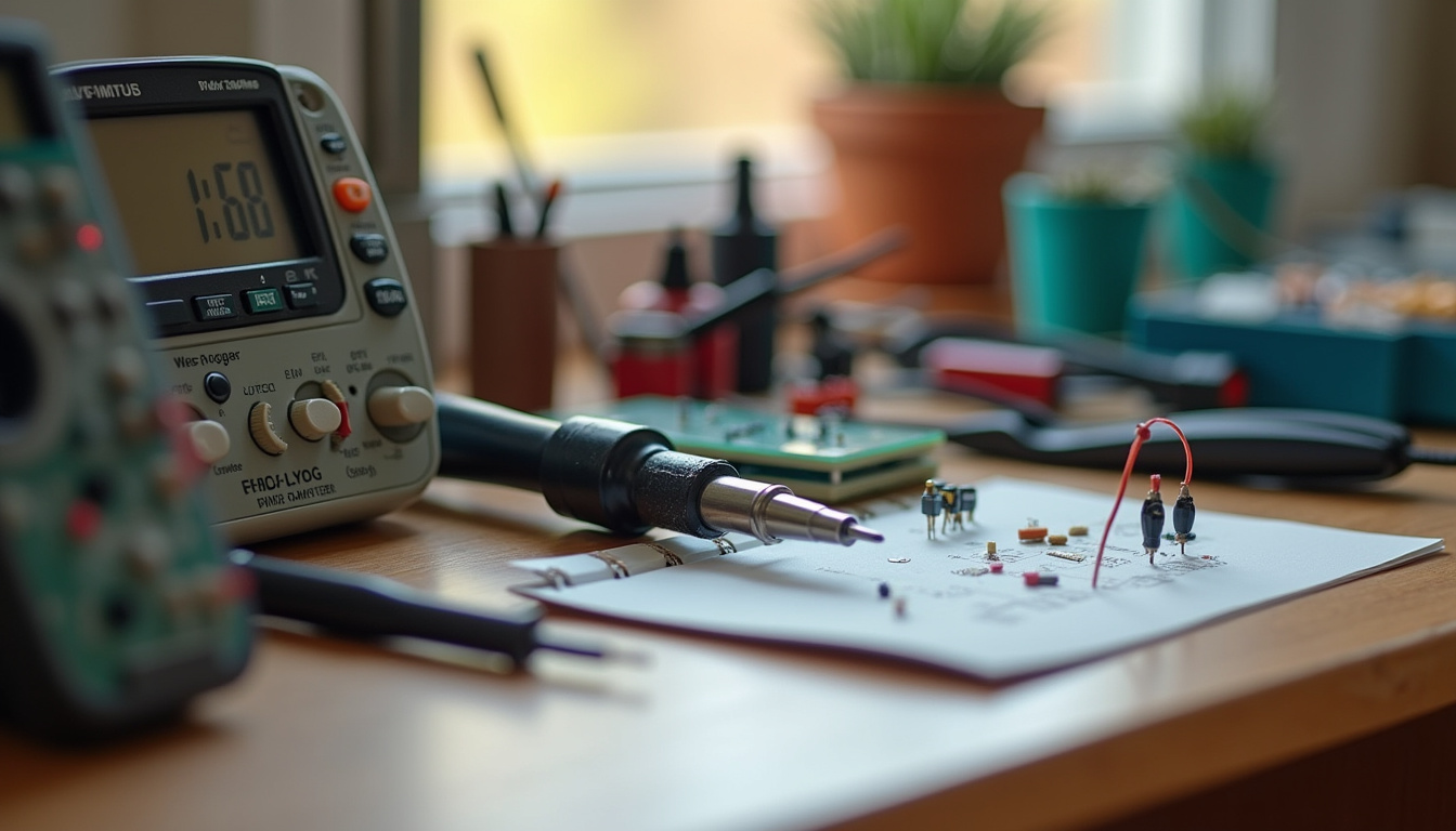 Établi d'électronique bien organisé avec multimètre, fer à souder, pinces et composants visibles