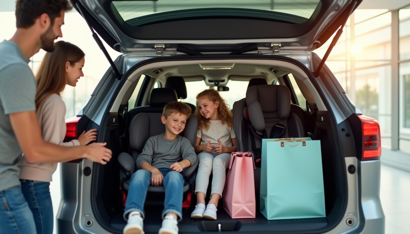 Famille en train de tester l'espace intérieur et le coffre d'une voiture lors d'un essai
