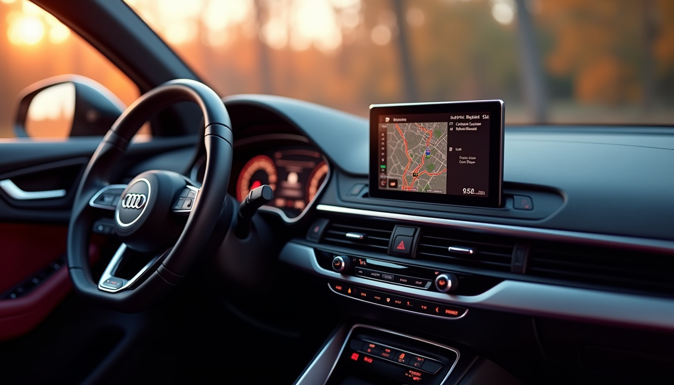 Intérieur de l’Audi Q3 avec écran MMI allumé, affichage du système de navigation et commandes tactiles