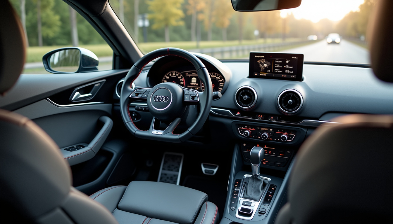 Intérieur de l'Audi S3, volant sport, écran numérique et sellerie en cuir gris avec surpiqûres rouges