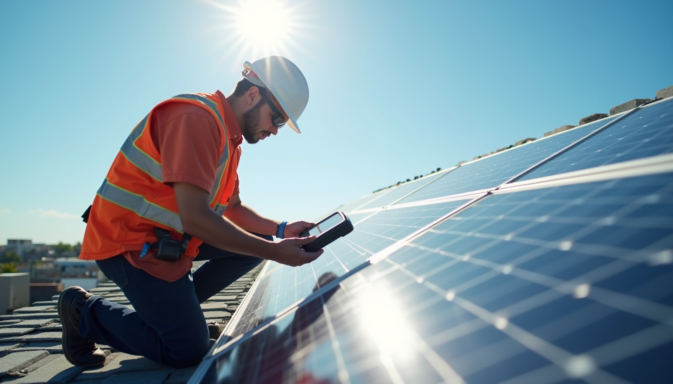 Technicien utilisant un analyseur de panneaux solaires sur un toit en journée ensoleillée