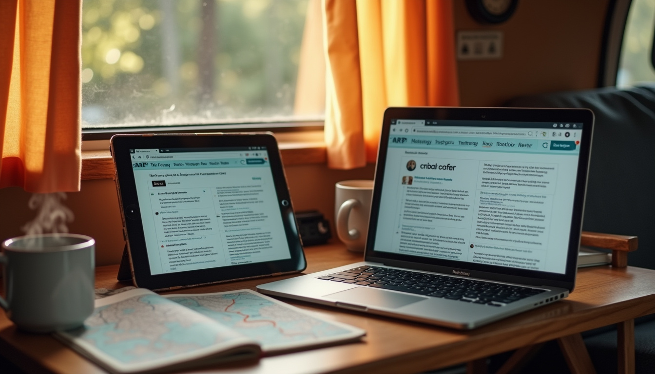 Utilisateurs échangeant sur un forum de camping-caristes via leurs écrans