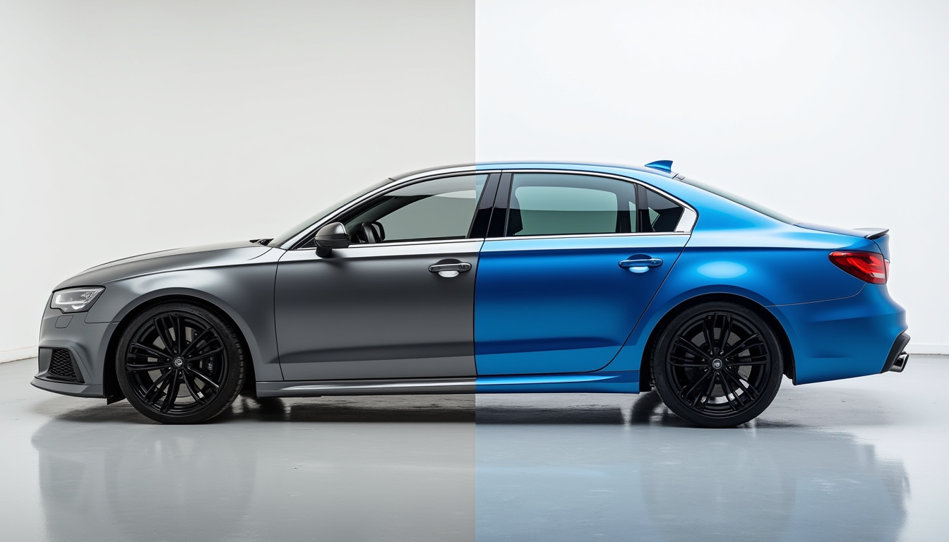 Voiture avant et après application d’un covering complet, comparaison visuelle des effets esthétiques