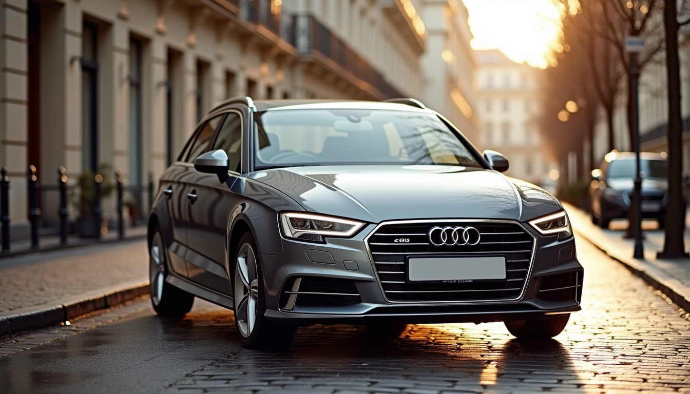 Vue extérieure de l'Audi A3 Sportback garée sur fond urbain dans une rue parisienne
