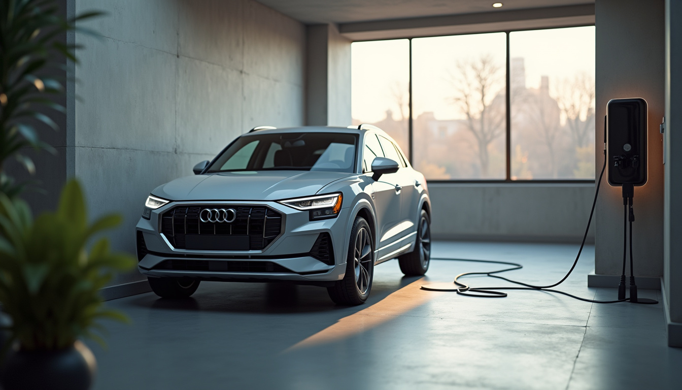 Audi Q3 en charge sur une borne de recharge domestique, illustrant la praticité de l'usage hybride en milieu urbain