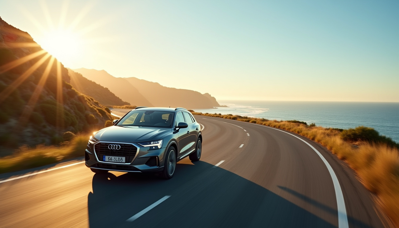 Audi Q3 en conduite sur une route sinueuse, vue extérieure mettant en valeur son design compact et élégant