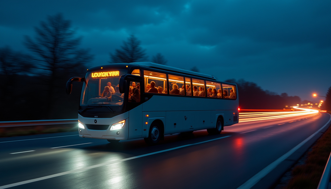 Autocar moderne en déplacement de nuit sur autoroute, éclairé par ses phares et les lumières intérieures