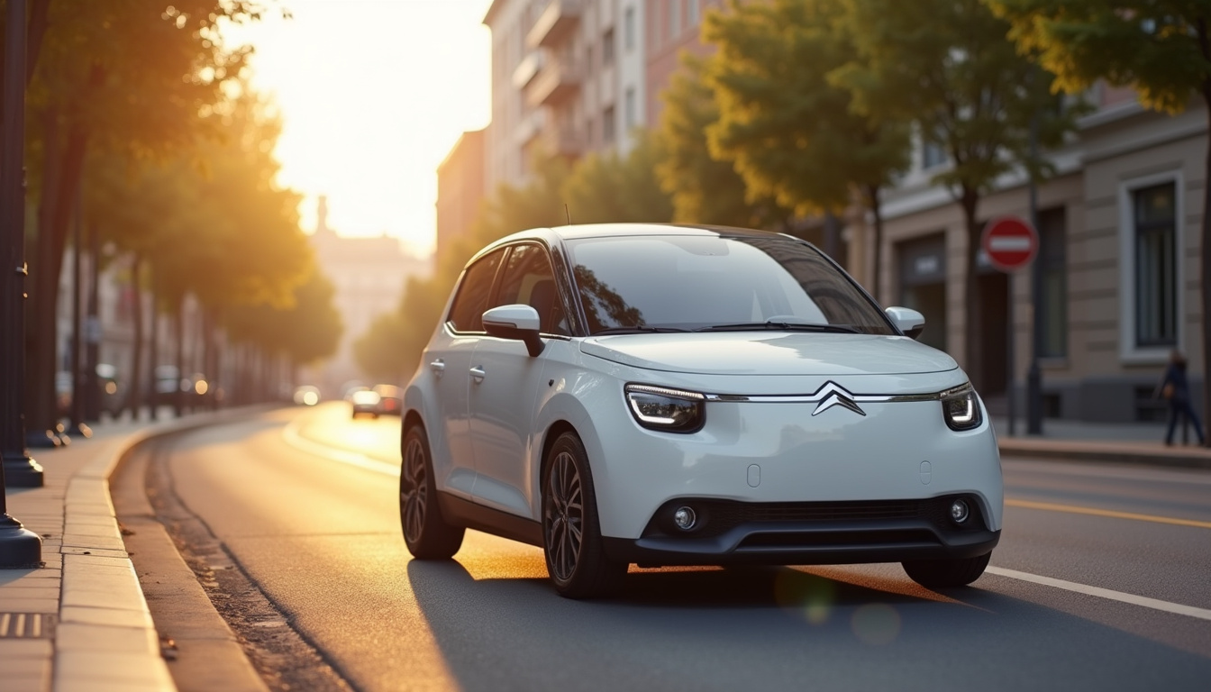 Citroën Ami garée dans une rue urbaine, vue extérieure montrant son design compact et moderne