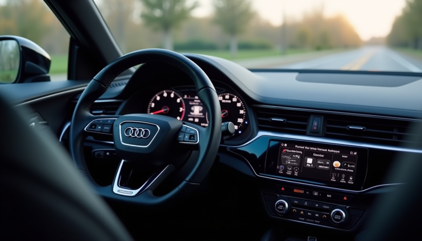 Intérieur d'une Audi Q3 montrant le tableau de bord numérique et l'écran tactile MMI, mettant en valeur la technologie embarquée