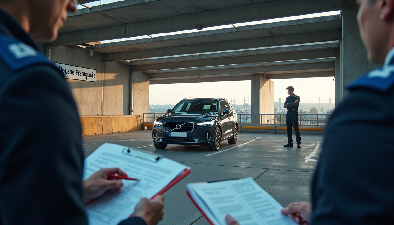 Voiture en cours de passage aux douanes françaises avec documents officiels