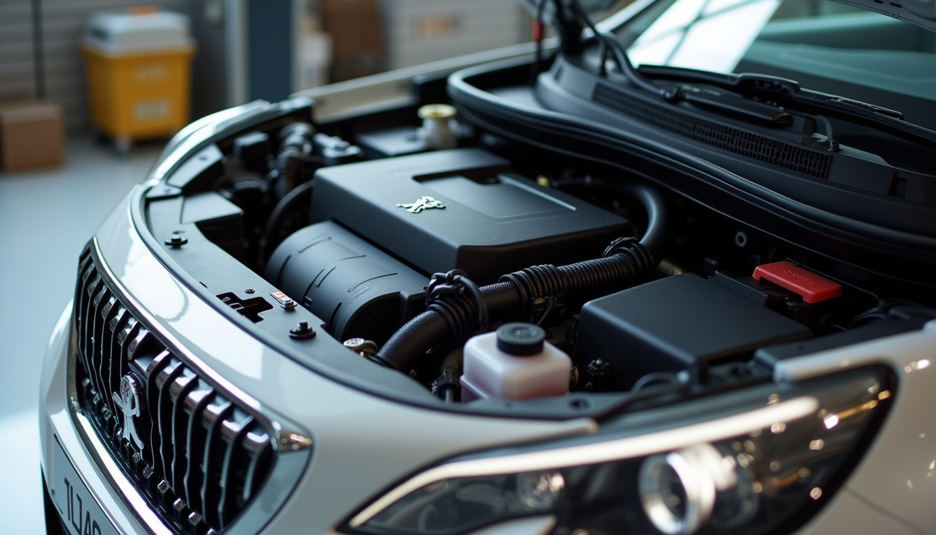 Vue du compartiment moteur du Peugeot 2008 hybride montrant le bloc thermique et les composants électriques