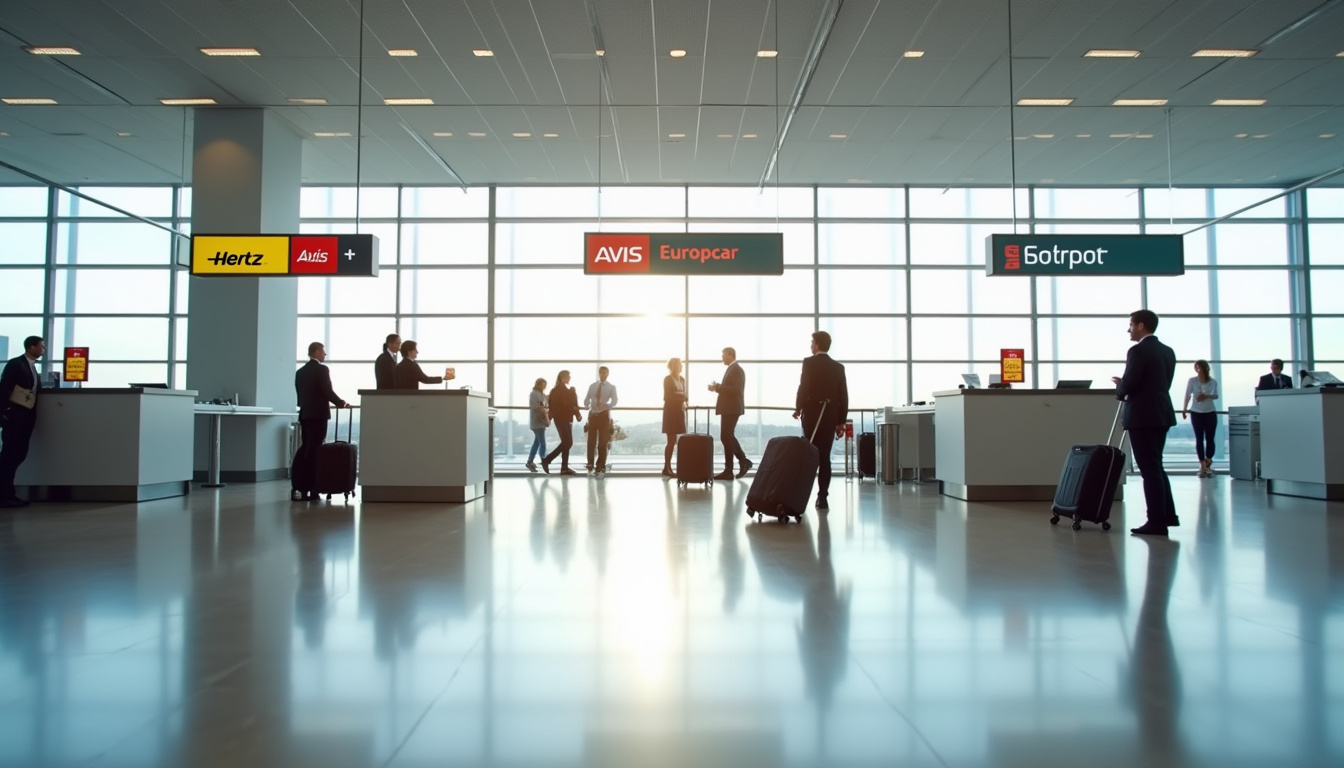 Comptoirs des agences de location de voitures dans le hall des arrivées de l’aéroport de Bologne